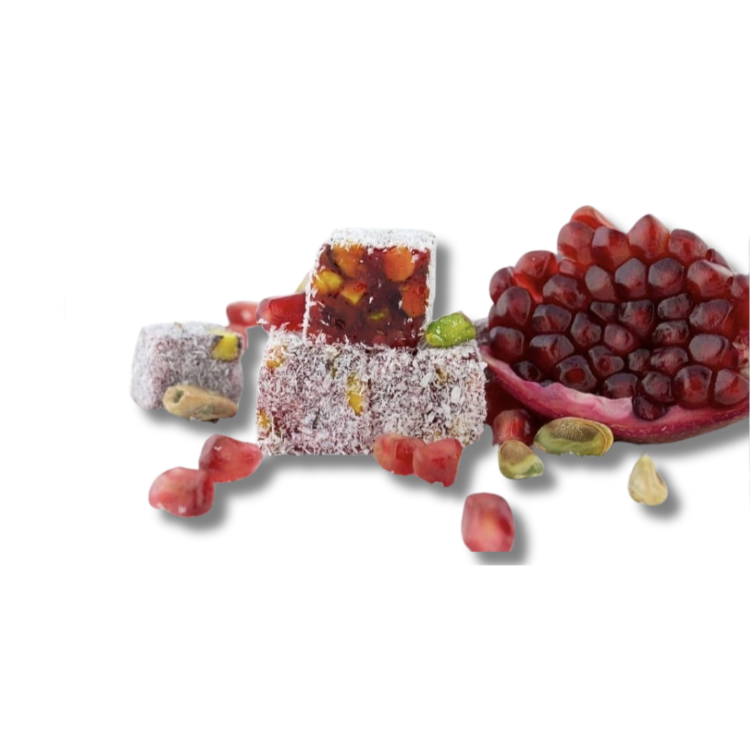 Granatapfel-Raha gefüllt mit Pistazien, umhüllt mit Kokosraspeln – ab 250g