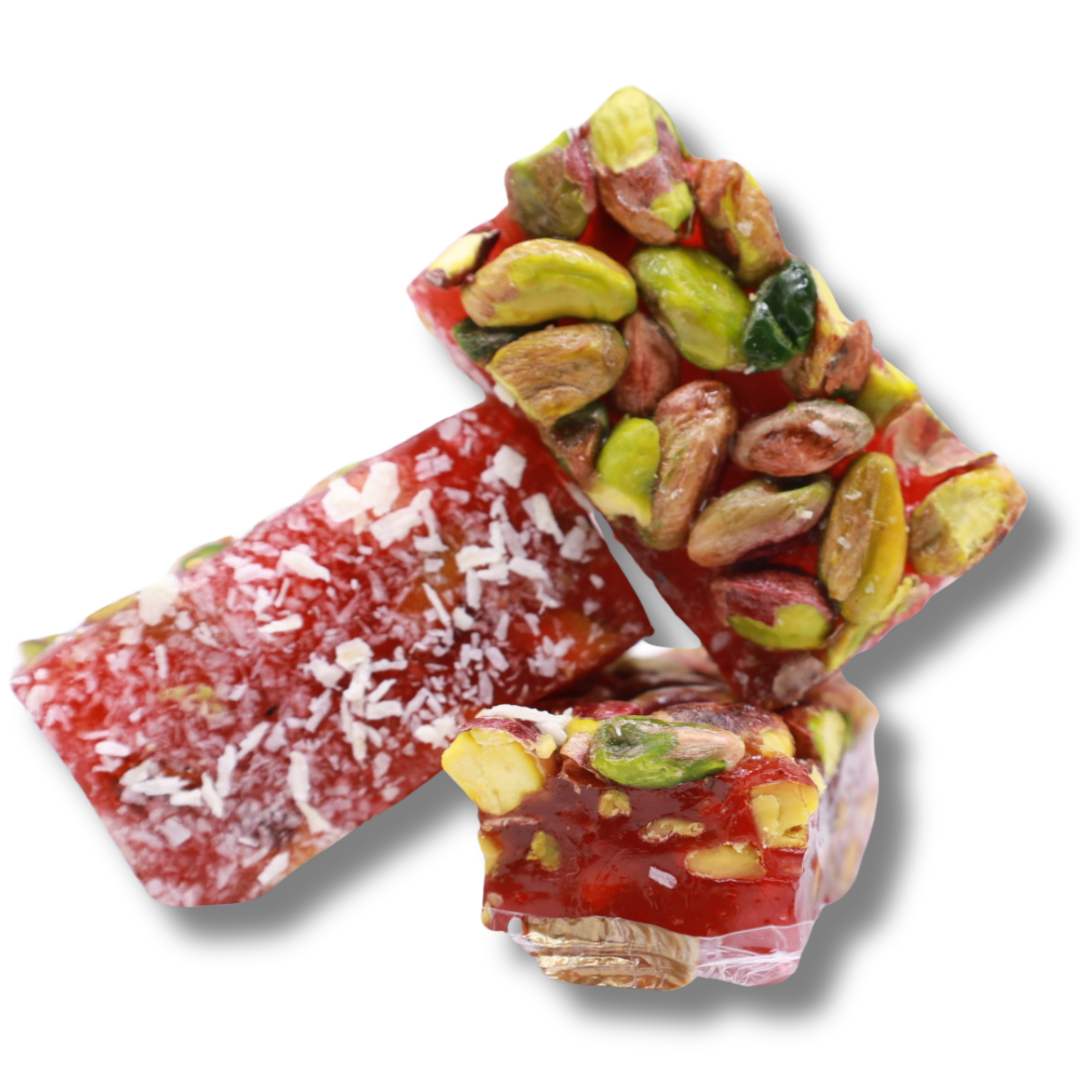 Raha mit Granatapfelgeschmack, gefüllt mit Pistazien und Kokosnuss - ab 250g