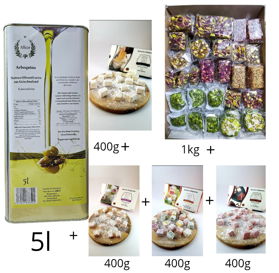 5L Olivenöl, 400g Raha Sada, 400g Raha Sada granatapfel geschmack, 400g Raha sada Rosenwasser geschmack, 400g Fruchtgeschmack, 1kg Raha Gemescht