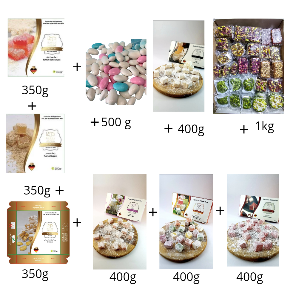 Angebot _Qasioun-Adler- Raha gemescht mit Nüsse, Raha 400g 4St (1xSada, 1xRosenwasser, 1xGranatapfel, 1xFruchtgeschmack), Raha mit Nusse 350g 3st ( 1x sesam, 1x  Erdnuss, 1x Kokosnuss) 500g Mandel Zucker