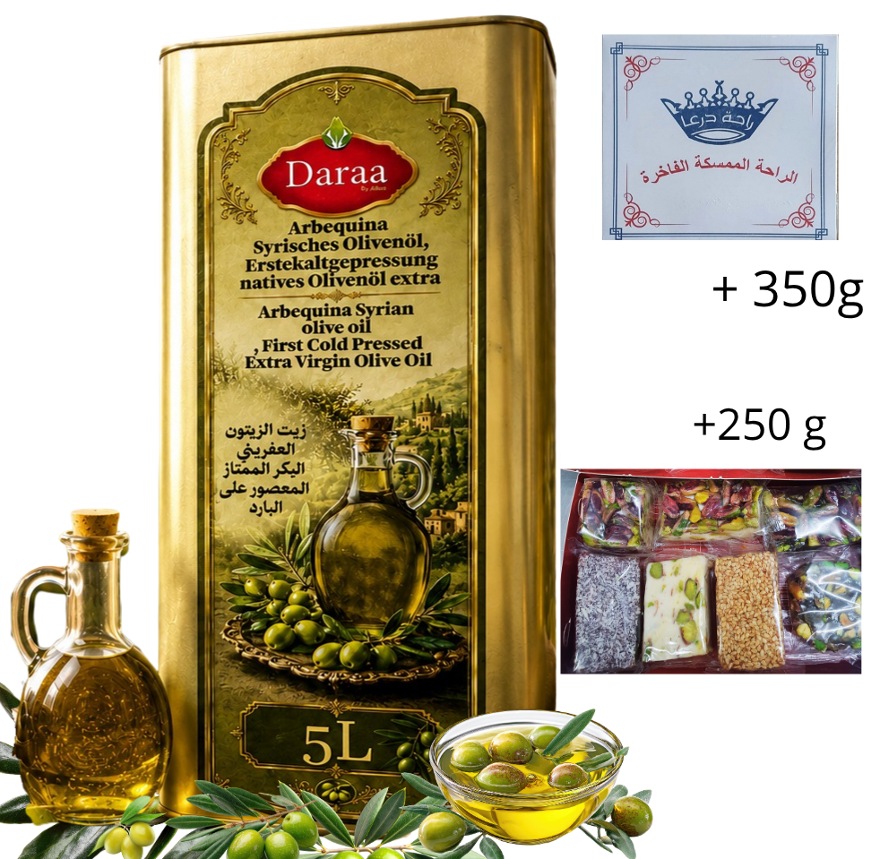 Daraa Syrische Olivenöl 5L, mit 1st Raha Mastix und 250g Raha mit Nüssen